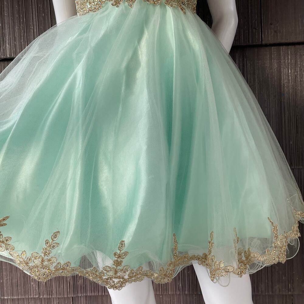 🔥Let’s Aqua Mesh Illusion Neck Gold Lace Appliqué Tulle Party Babydoll Dress - Picture 8 of 16